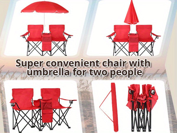 Folding Fishing Chair with Sun Umbrella 2-Seat Portable Outdoor Chair - Iron Alloy Frame Oxford Fabric Beach Patio Camping Chair with Storage Bag - Red Black Grey Blue Coconut Pineapple Pattern