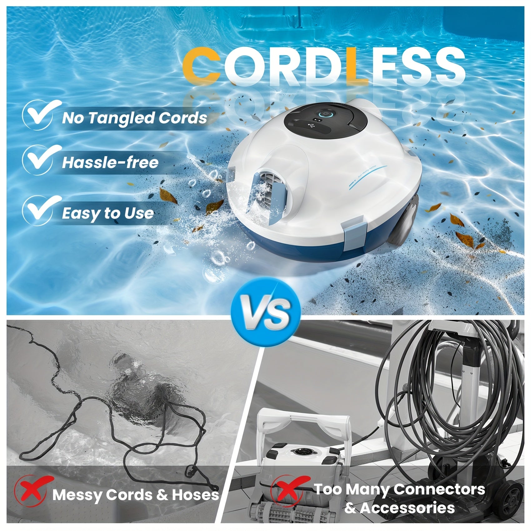 Cordless Robotic Pool Cleaner Automatic Vacuum 90 Min Runtime IPX8 Waterproof Self-Parking Lightweight, Robot Pool Cleaner for Flat Above Ground In-Ground Pool Up to 65 Ft 1100 Sq Ft