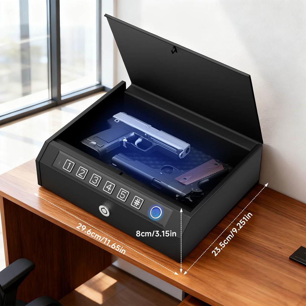 Biometric Gun Safe 3-Way Unlock – Fingerprint Digital PIN & Key Pistol Lock Box with Internal Light Silent Mode Emergency Power for Home Bedroom Nightstand Car