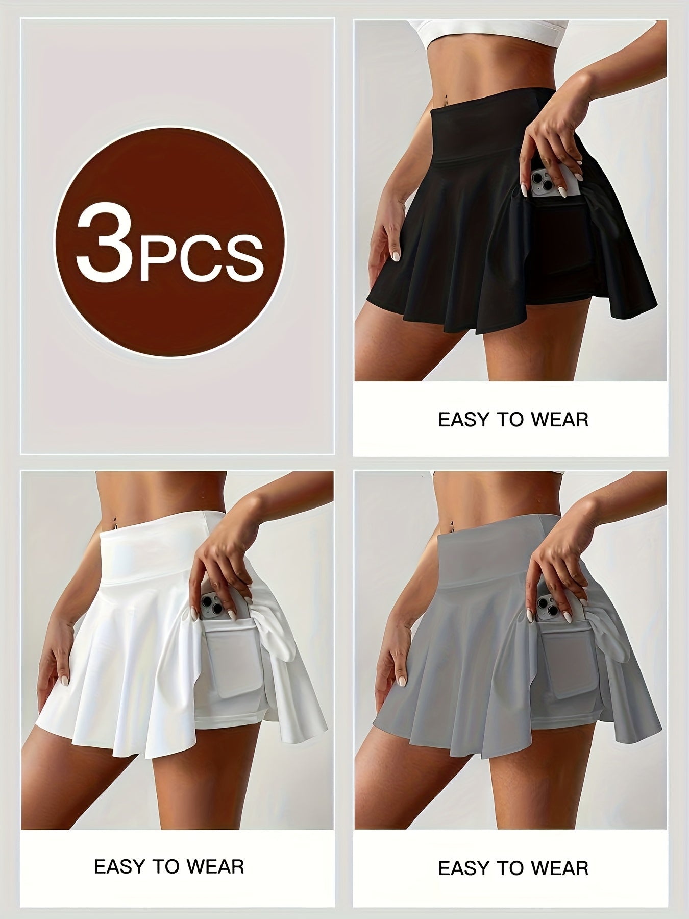 Women's Athletic Skort 3-Pack High Waisted with Built-In Shorts & Pockets – Tennis Golf Pickleball Running Skirt S-XXL Orange Navy White
