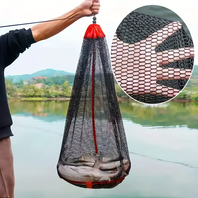 Portable Nylon Fishing Net Bag Mesh Fish Collection Cage – Lightweight Easy-Carry Handle for Fishing Snorkeling Gear Storage Black Red