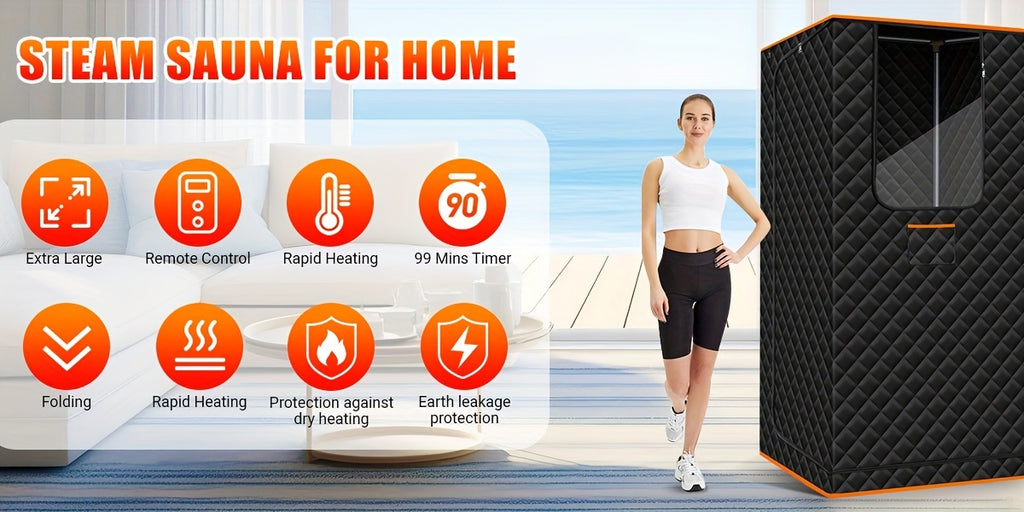 Portable Steam Sauna for Home with 3L Steamer Remote Control Folding Chair & 9 Steam Levels – Extra Large Foldable Sauna Tent Box 2.6x2.6x5.9ft – Personal Spa Detox Relaxation