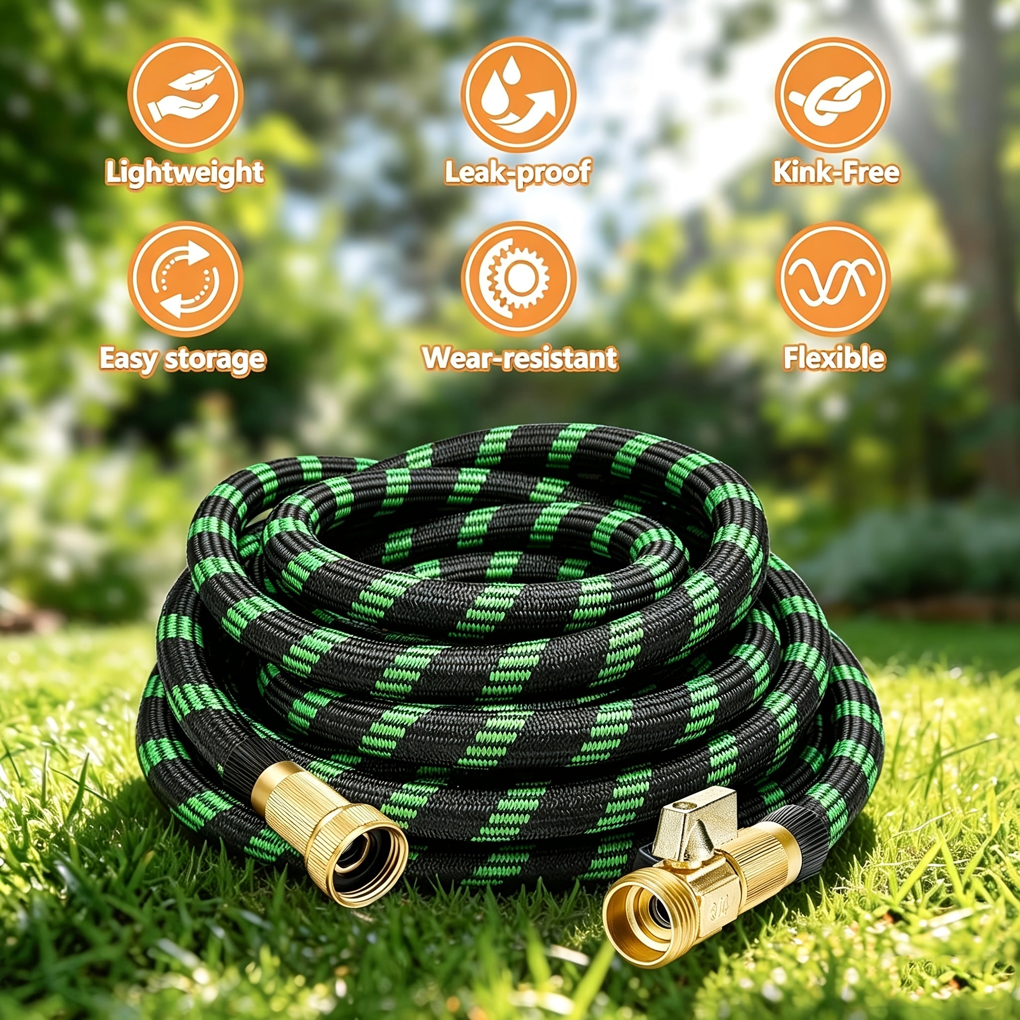 Garden Hose with 10-Function High Pressure Spray Nozzle - Lightweight Non-Expandable Water Hose for Lawn, Yard, Car Wash & Outdoor Cleaning, 10ft to 150ft with Kit Options