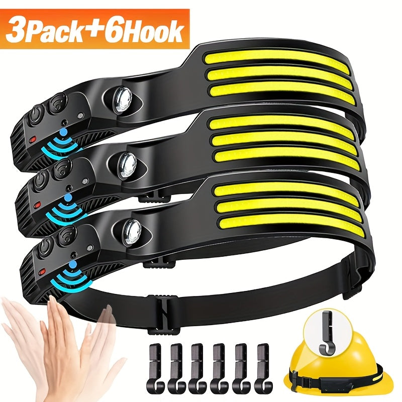 Rechargeable Headlamp 3-Pack COB LED 230° Wide Beam 5 Modes Motion Sensor USB Headlamps for Adults Camping Hiking Work Hard Hat with 6 Hooks