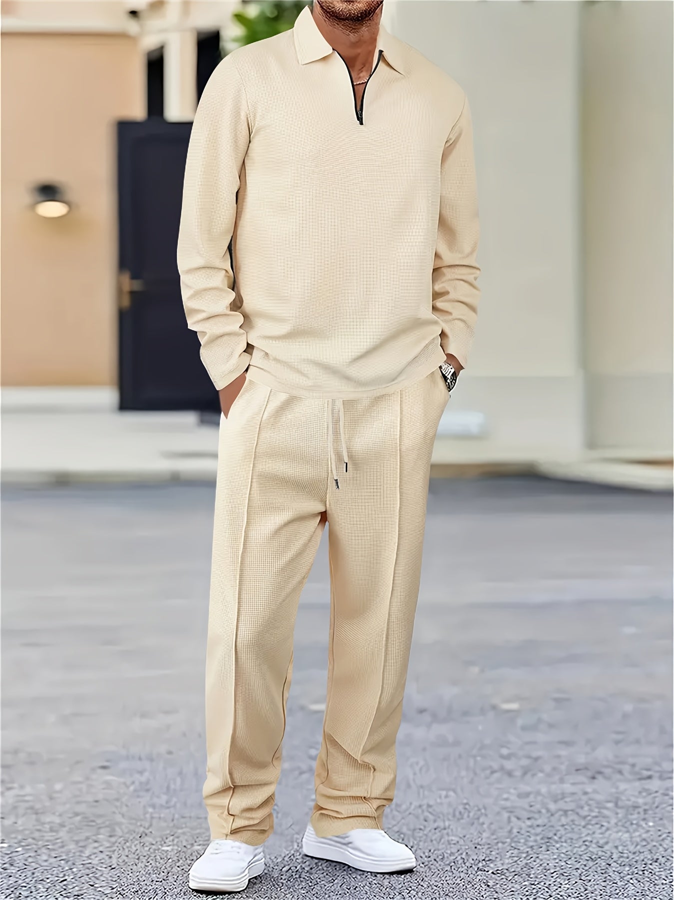 Men's Waffle Knit 2-Piece Set Long Sleeve & Jogger Pants – Breathable Matching Tracksuit for Gym, Casual & Outdoor Wear, Sizes M-XXXL, 4 Colors