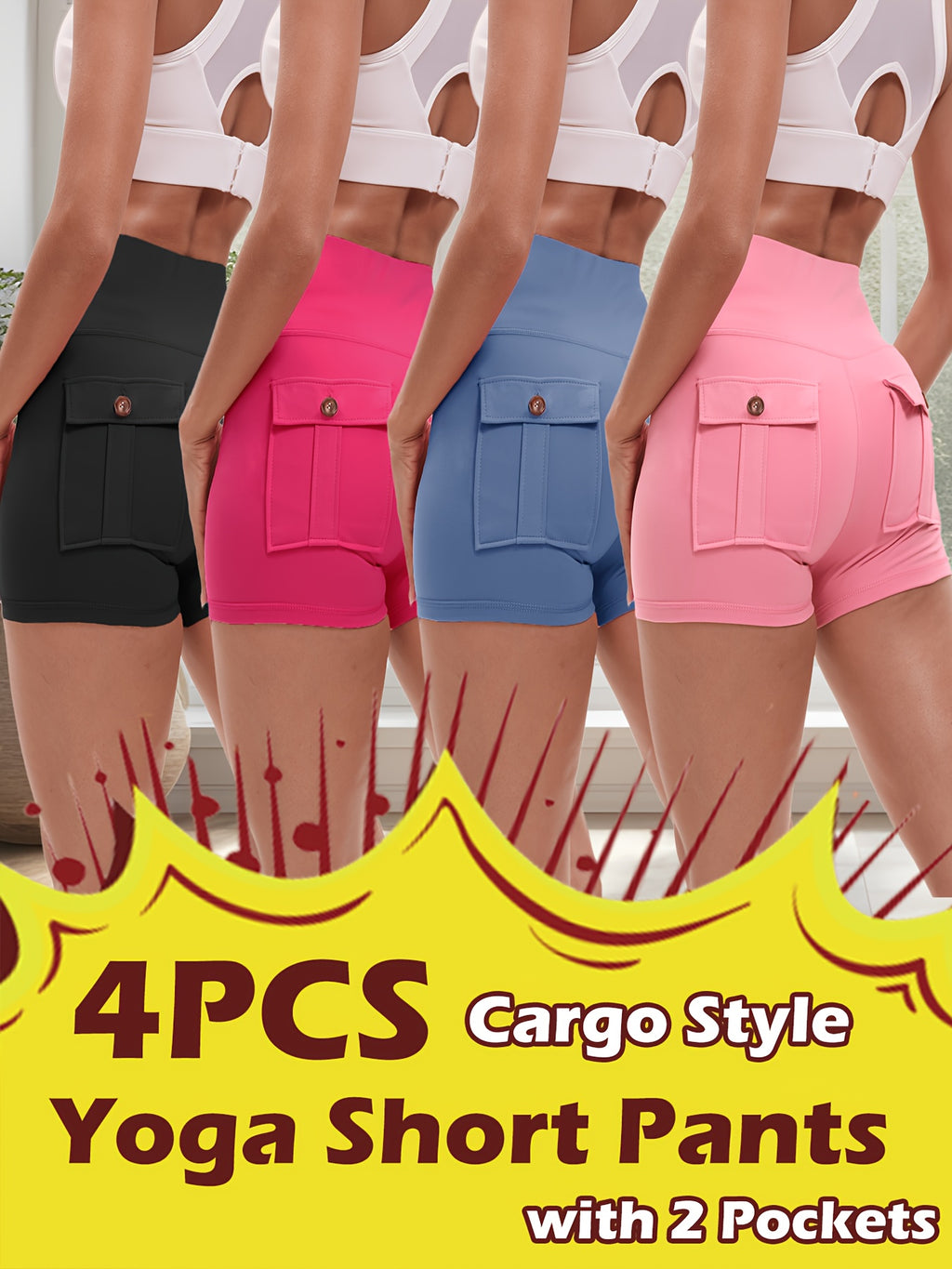 Women's 4-Pack Workout Shorts Set - Cargo & Yoga Shorts with Hip Lifting Shaping, High-Stretch Elastic Waist, Quick-Dry Fabric, Pockets, S-XXL Activewear Bundle