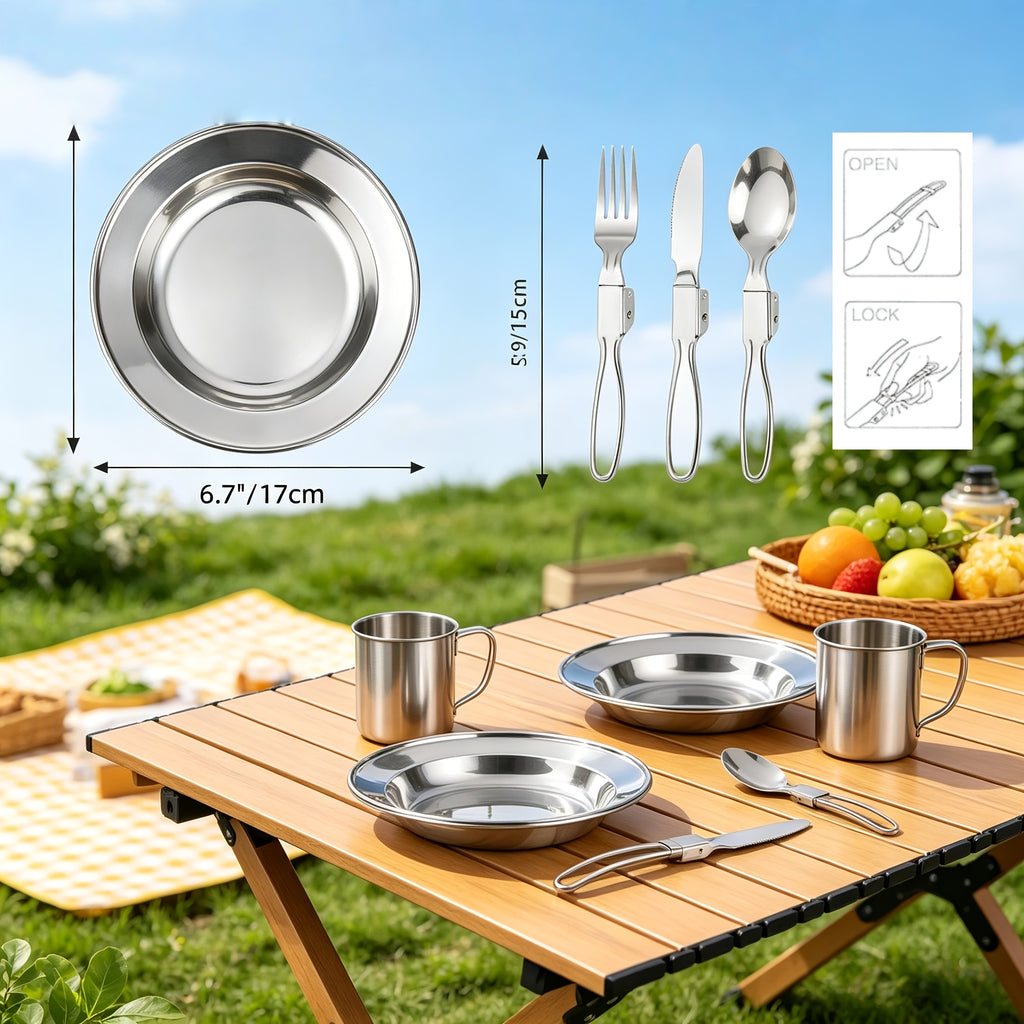 Camping Cookware Mess Kit 14/15 Piece Portable Non-Stick Aluminum Alloy Camp Kitchen Set with Kettle Pot Frying Pan Plates Forks Knives Spoons - Backpacking Outdoor Cooking Gear for Hiking