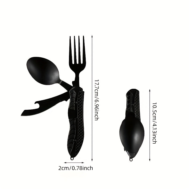 4-in-1 Stainless Steel Camping Utensil Set – Portable Folding Fork Spoon Knife & Bottle Opener for Hiking Survival Travel Backpacking Picnic Outdoor Meals