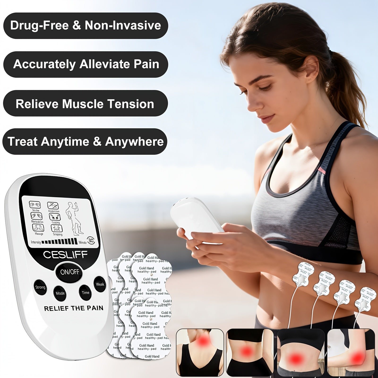 TENS EMS Dual Channel Muscle Relief Pulse Massager - 8 Electrodes, 6 Modes, Pain Relief for Shoulders, Back & Knees, Portable Electric Muscle Stimulator for Recovery & Relaxation