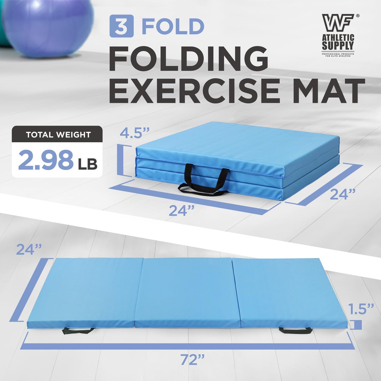 Folding Exercise Mat 1.5 Inch Thick Tri Fold Foam Gym Mat with Carrying Handles for Gymnastics Yoga MMA Martial Arts Stretching Core Workouts – Foldable Floor Mat Black Blue Pink