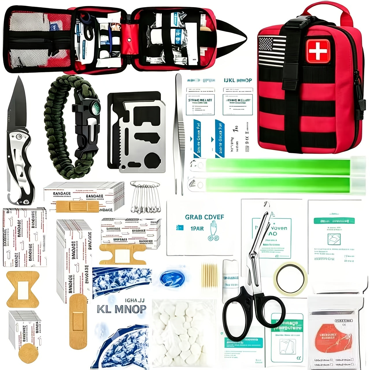 217-Piece Survival Kit with First Aid Kit & Survival Tools MOLLE Storage Bag - Outdoor Camping Hiking Emergency Gear for Men - Brown Black Khaki Green Red Orange Camouflage