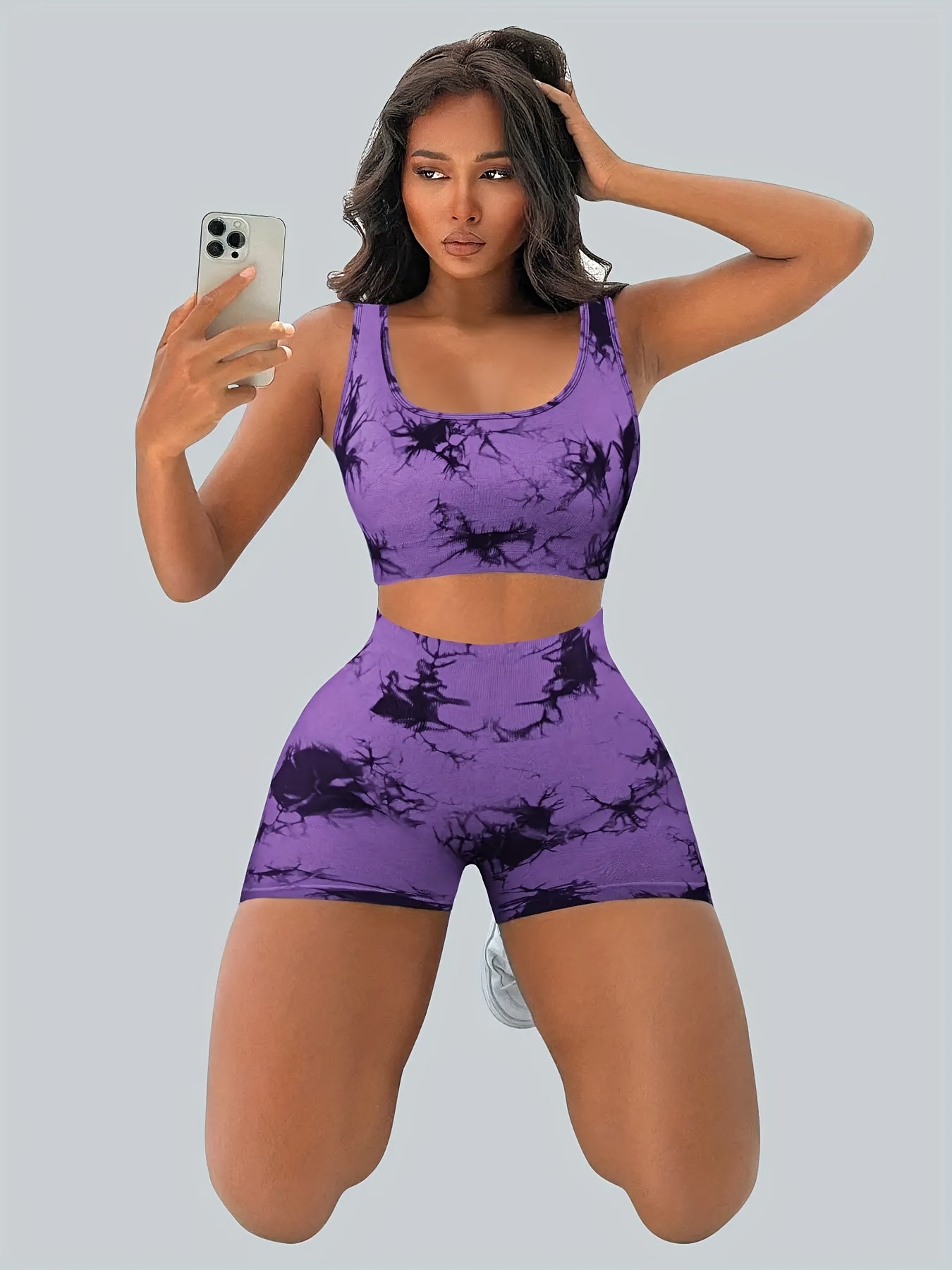 Women's Tie-Dye Seamless Sports Bra & Shorts Set – Belly Support Stretch Activewear Suit for Gym Yoga Fitness Red Blue Purple Dark Brown S M L XL