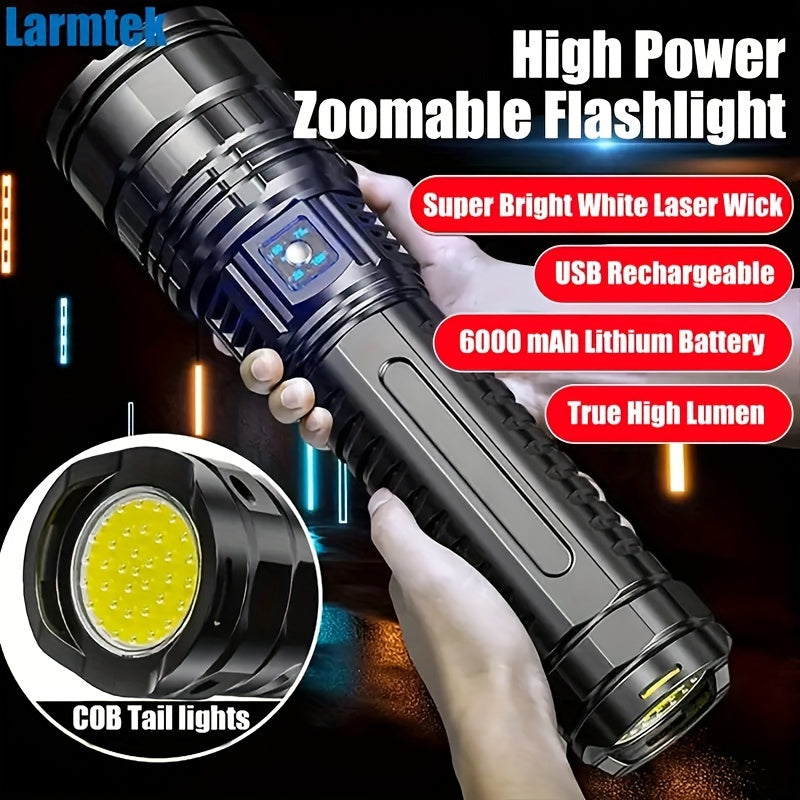 Super Bright COB Flashlight USB Rechargeable with Power Bank – 5 Modes Zoomable Handheld Torch, COB Tail Light, Extra-Large for Camping Hiking Emergency Outdoor Adventures