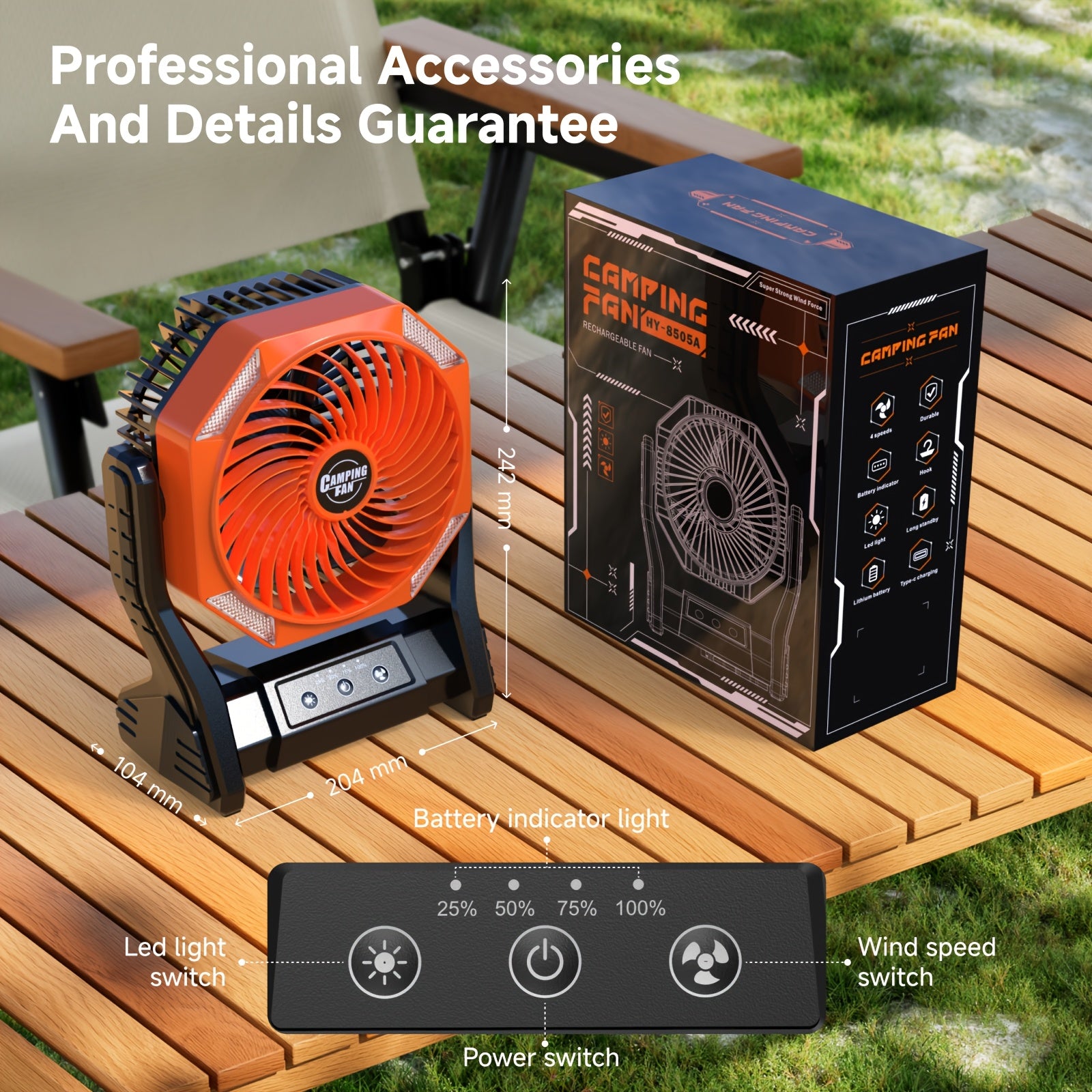 20000mAh Camping Fan with LED Light & Brushless Motor – Portable Outdoor Fan for Camping Hiking Picnic Emergency Use, 4 Speeds, 180° Oscillation, 22-26H Battery Life