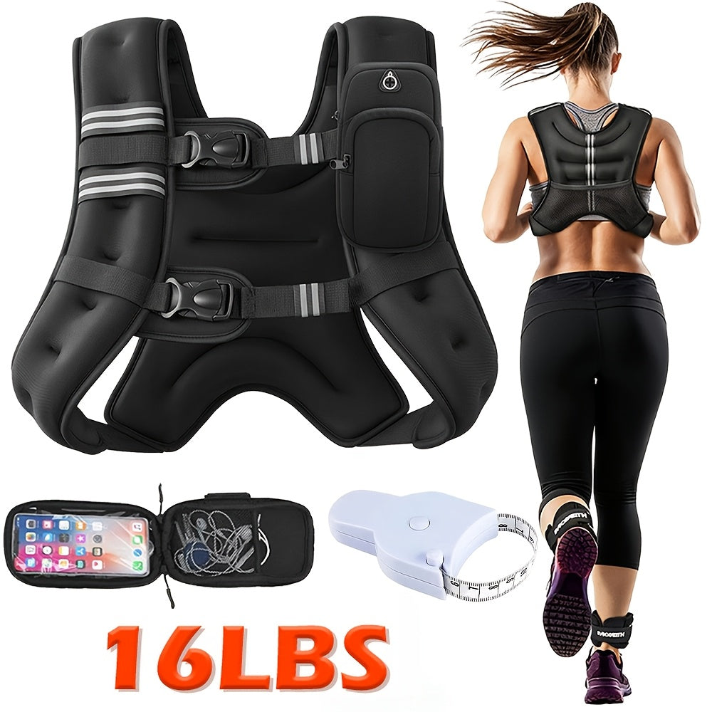 Weighted Vest 8 12 16 lb Reflective Slim Fit with Phone Pouch – Running Gym Strength Training Core Fitness Unisex Men Women