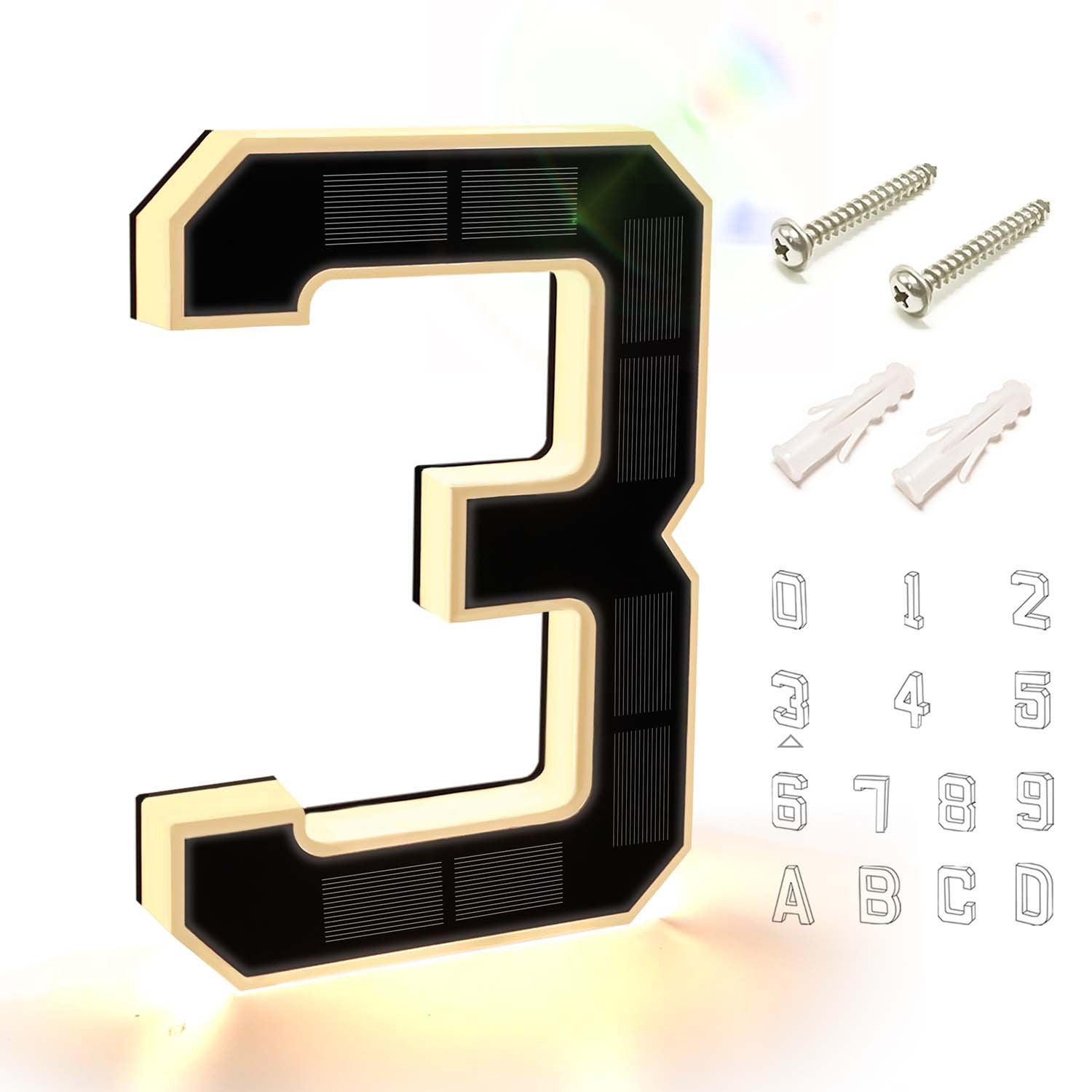 9 Inch Solar Lighted House Numbers for Outside - IP44 Waterproof, Auto Light Sensor, 9hr Illumination, Modern Exterior Address Sign, Numbers 0-9 & Letters A-D