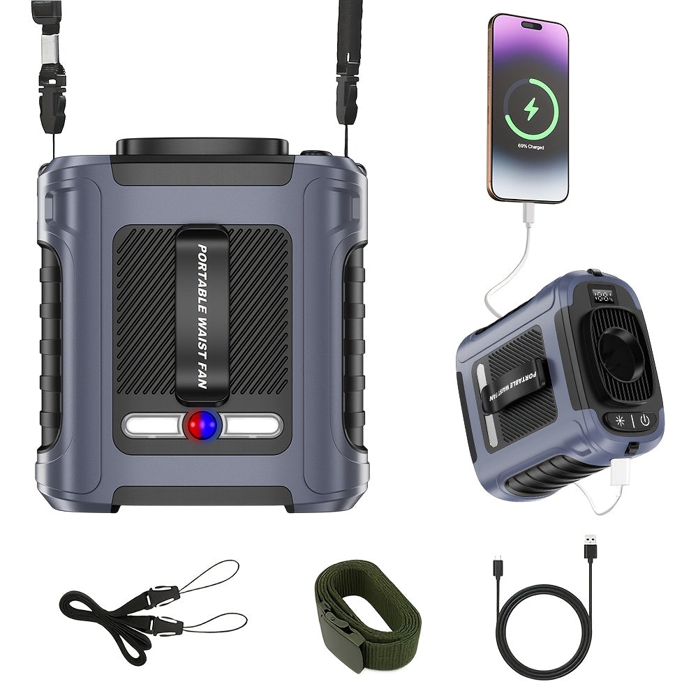 10000mAh Portable Waist Clip Fan Rechargeable Hands-Free Cooling Fan Digital Display LED Flashlight Power Bank for Outdoor Work Camping Hiking
