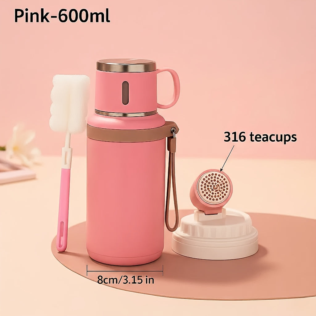 Insulated Water Bottle 600ml Stainless Steel Double Wall Leak-Proof Lid with Handle & Cleaning Brush – Vacuum Tumbler for Outdoor Hiking Camping Gym Travel