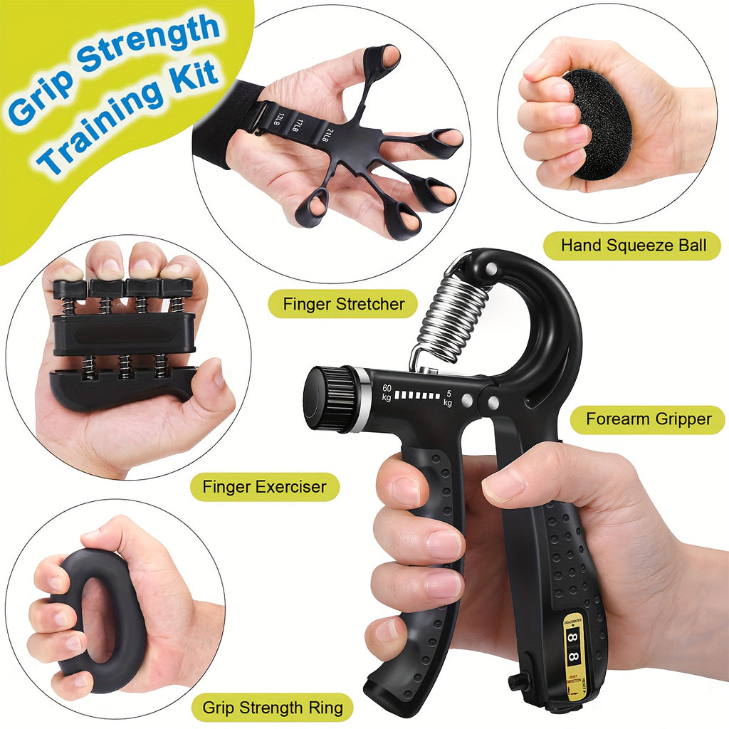 Hand Grip Strength Trainer 5Pcs – Adjustable Forearm Strengthener Finger Exerciser Stretcher Workout Ring & Hand Exercise Ball for Rock Climbing Fitness Musicians Athletes