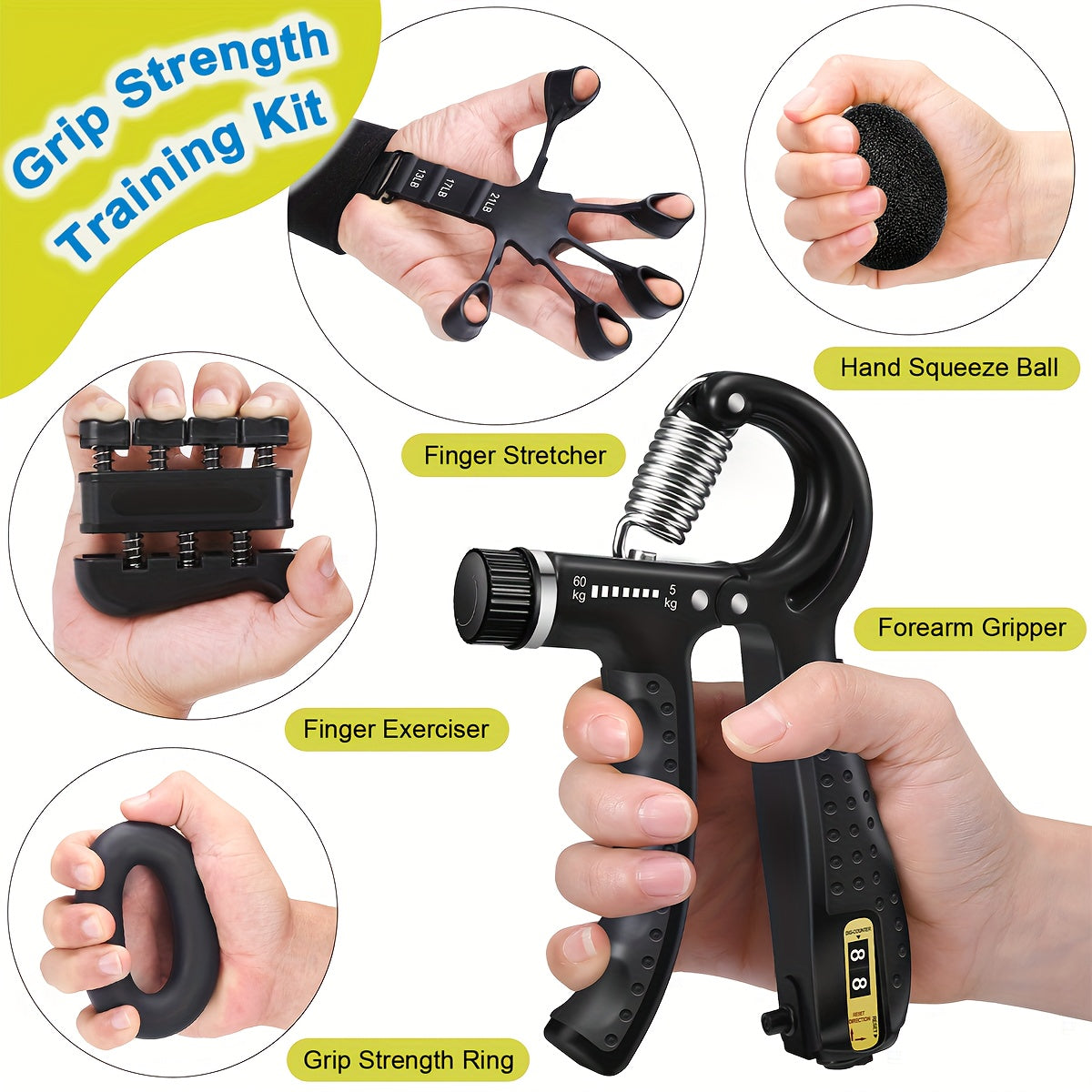 Hand Grip Strength Trainer 5Pcs – Adjustable Forearm Strengthener Finger Exerciser Stretcher Workout Ring & Hand Exercise Ball for Rock Climbing Fitness Musicians Athletes