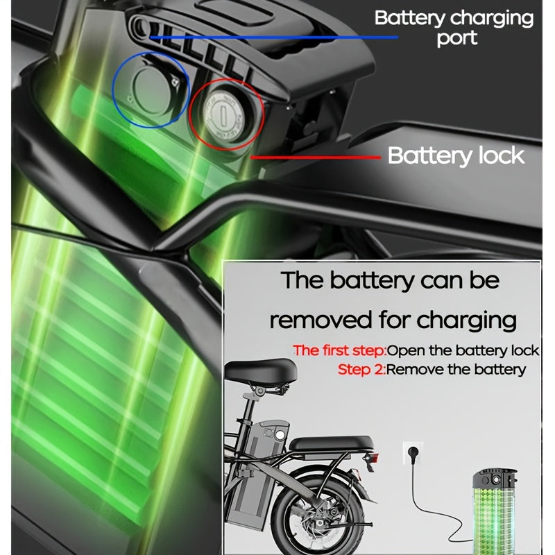 14 Inch Foldable Electric Bicycle for Adults 19MPH 48V Lithium Battery 18-28 Mile Range 330 LB Capacity Portable Folding E-Bike for Urban Commuting Outdoor Cycling - Optional Lock Phone Holder Basket