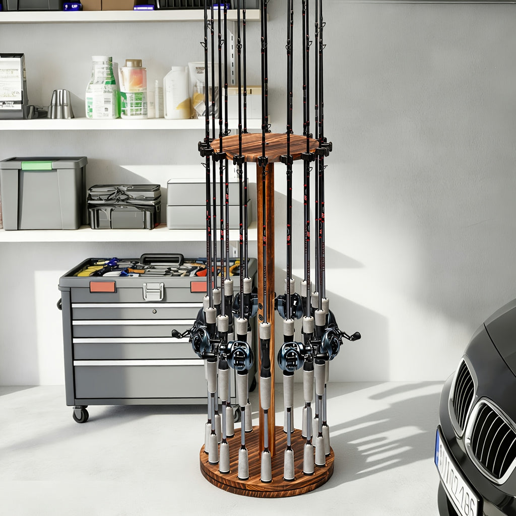 360° Rotating Circular Wooden Fishing Rod Rack - Holds 16 Rods - Space-Saving Wall Mount Fishing Pole Organizer for Garage, Basement & Shed - Great Fishing Gift