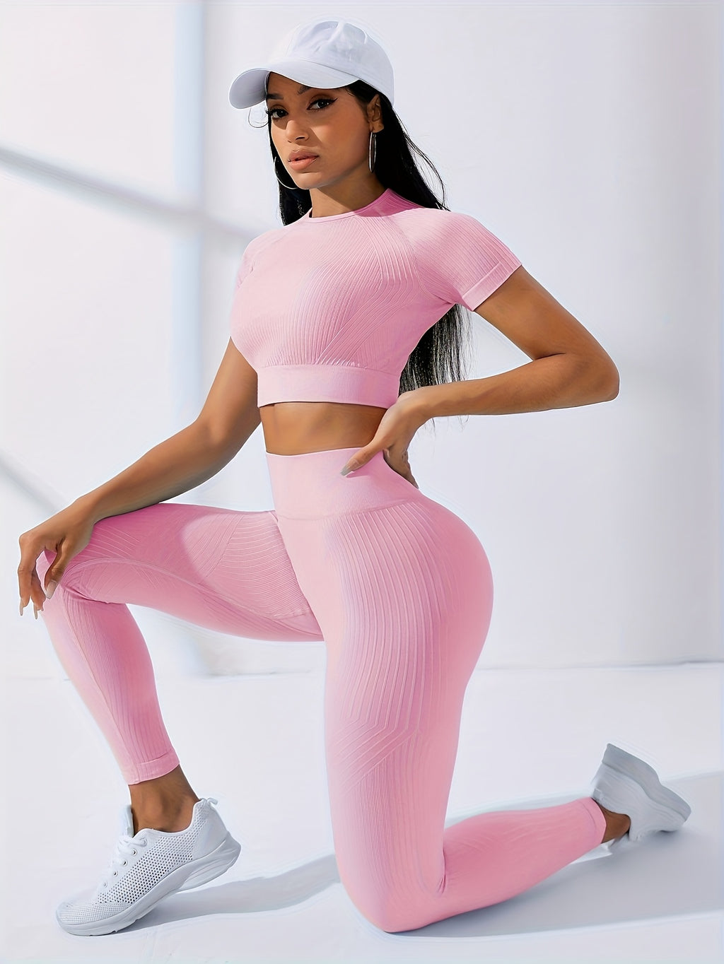2PCS Women's Workout Set – Yoga Crop Top & Leggings, Crew Neck, Medium Stretch, Solid Color All-Season Activewear, XS-XL