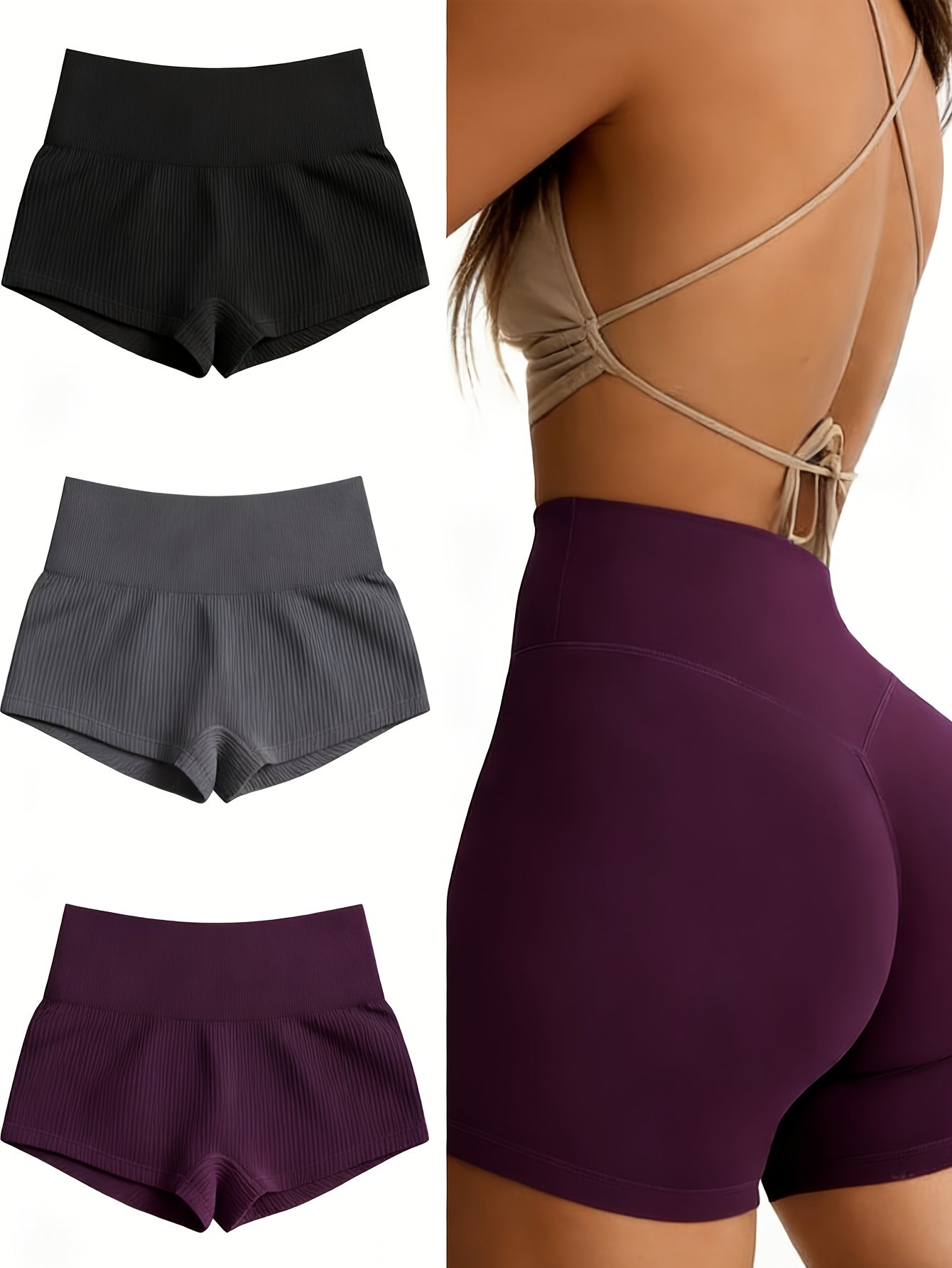 3-Pack Women's High-Waist Seamless Yoga Shorts High-Stretch Nylon Workout Running Shorts for Gym Fitness Sports S-XL Black Gray Purple Blue Coffee