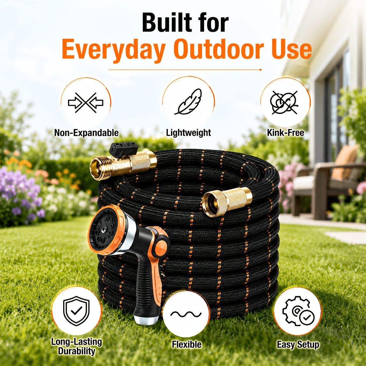 Expandable Garden Hose Kit 10-150FT Kink-Free Flexible Water Hose with 10-Pattern Spray Nozzle, Leak-Proof Super Fabric, Storage Strap – Lightweight Yard & Lawn Watering Set