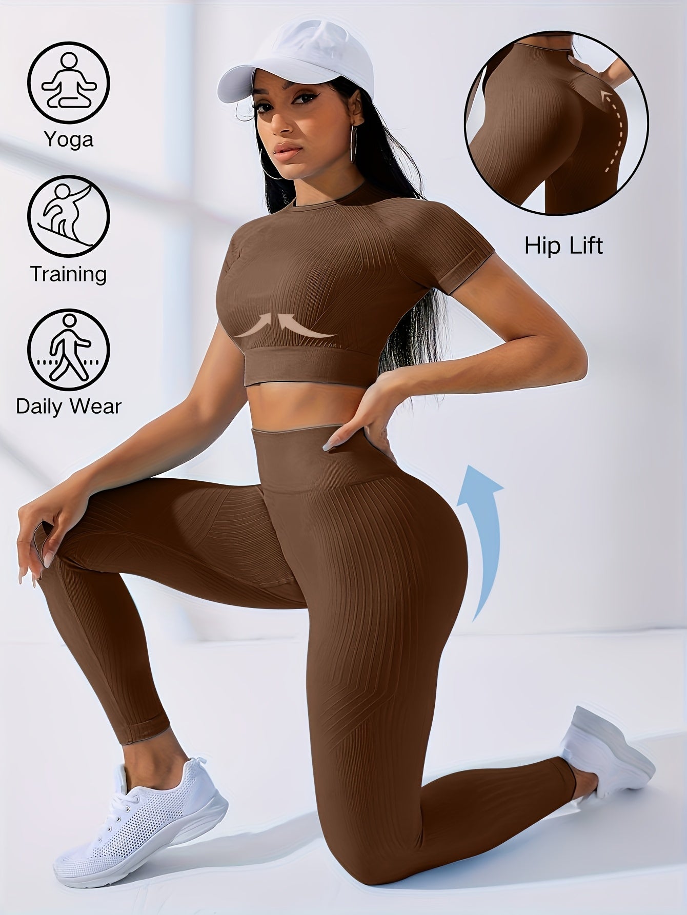 2PCS Women's Workout Set – Yoga Crop Top & Leggings, Crew Neck, Medium Stretch, Solid Color All-Season Activewear, XS-XL