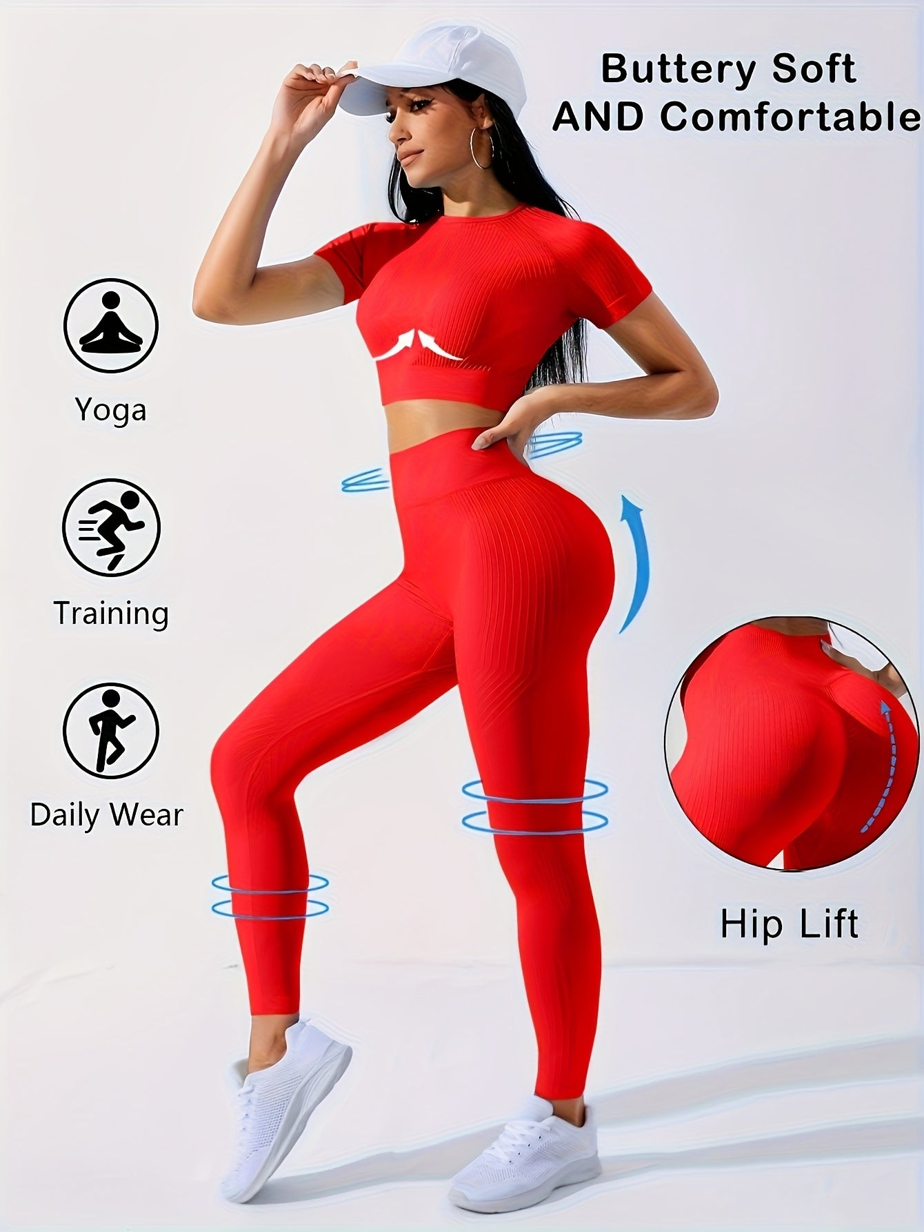 2PCS Women's Workout Set – Yoga Crop Top & Leggings, Crew Neck, Medium Stretch, Solid Color All-Season Activewear, XS-XL