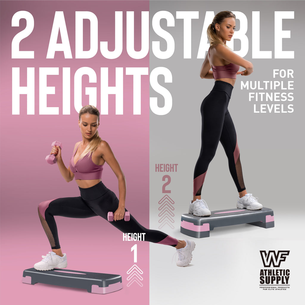 Aerobic Step Platform with Dumbbells Measuring Tape Adjustable Height 2 Level Risers Non-Slip Exercise Stepper Home Gym Workout 550LB Capacity Pink Green Blue