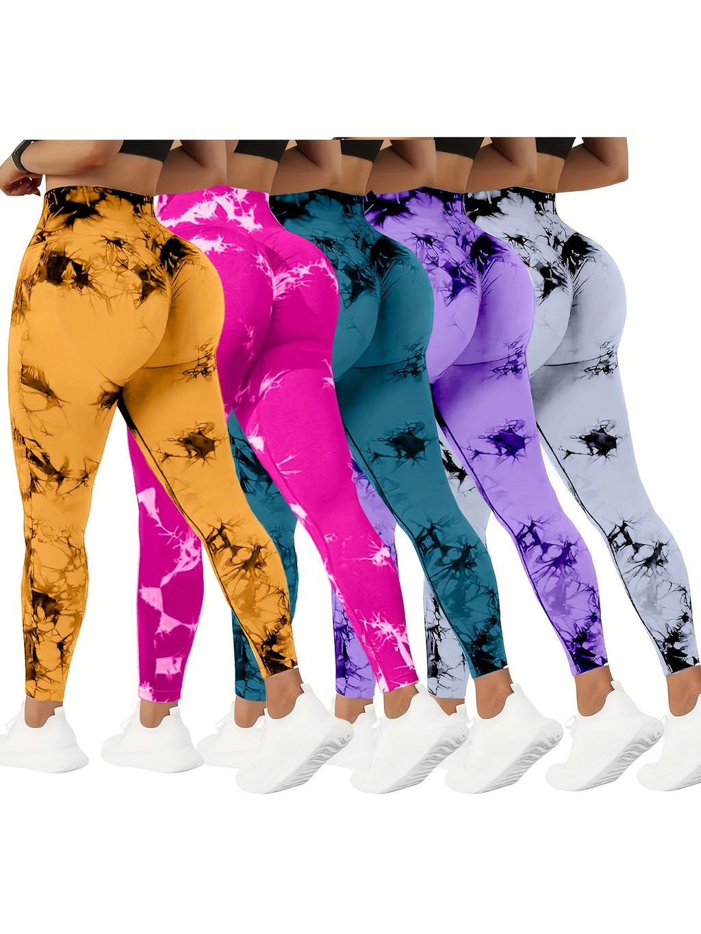 Tie Dye Yoga Pants 5-Pack for Women High Waist Tummy Control Peach Lift Leggings – 4-Way Stretch Running Tights Fitness Workout Pants Squat Proof Non-See-Through Polyamide Leggings S M L XL Multi-Color Sets