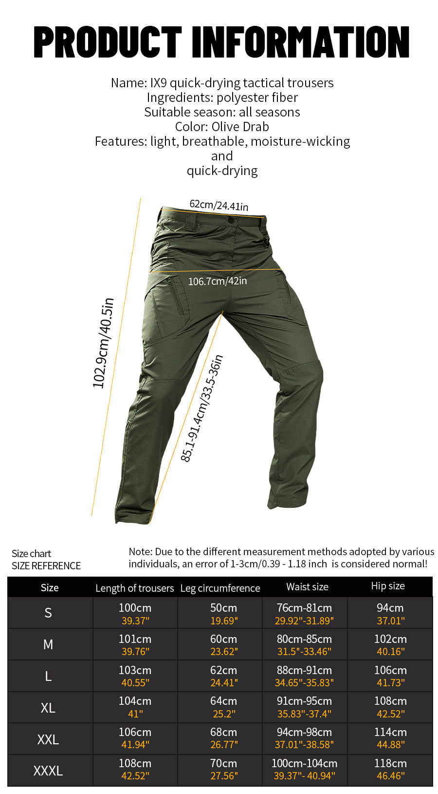 IX9 Men's Tactical Pants Quick Dry Breathable Tear-Resistant Multi-Pocket Slim Fit 3D Tailoring for Hiking Camping Climbing Fishing S-XXL