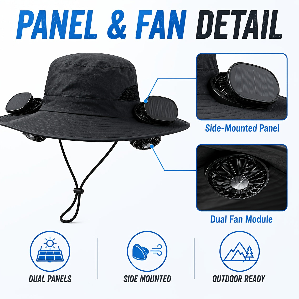 Solar Powered Cooling Fan Hat Wide Brim Dual Fans Adjustable Breathable Sun Hat for Men Women Outdoor Travel Garden Work Black Grey Khaki Camouflage