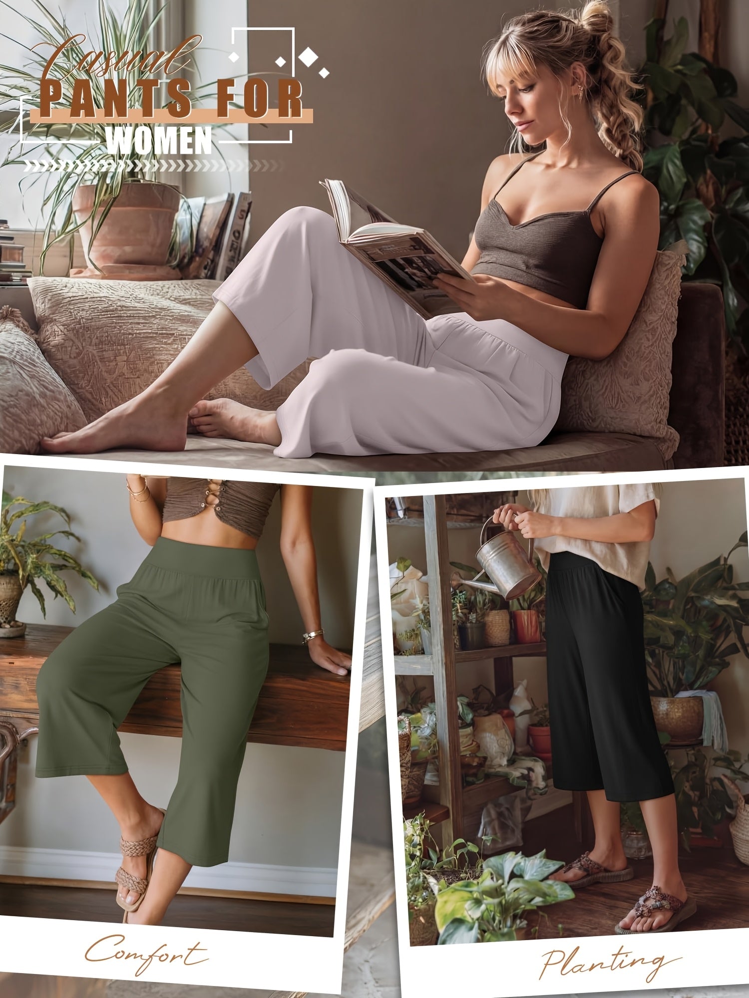 Women's Capri Pants 3 Pack Loose Lounge Joggers Yoga Cropped Sweatpants with Pockets – Elastic Waist Casual Spring Summer Fall