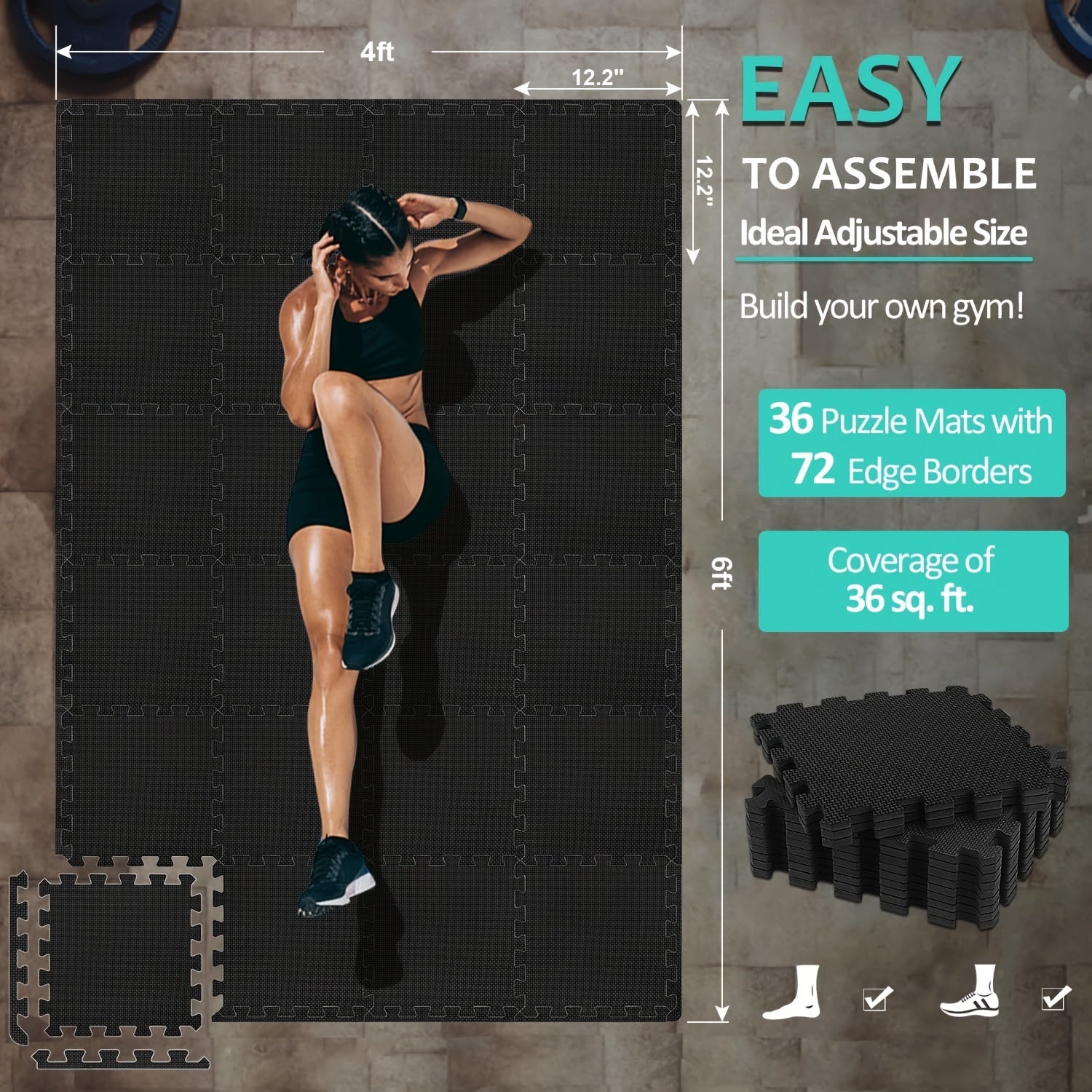EVA Foam Interlocking Floor Mats for Home Gym 12.2"x12.2" Puzzle Tiles Exercise Flooring Fitness Mat Shock Absorbing Non-Slip Workout Mat for Gym Equipment