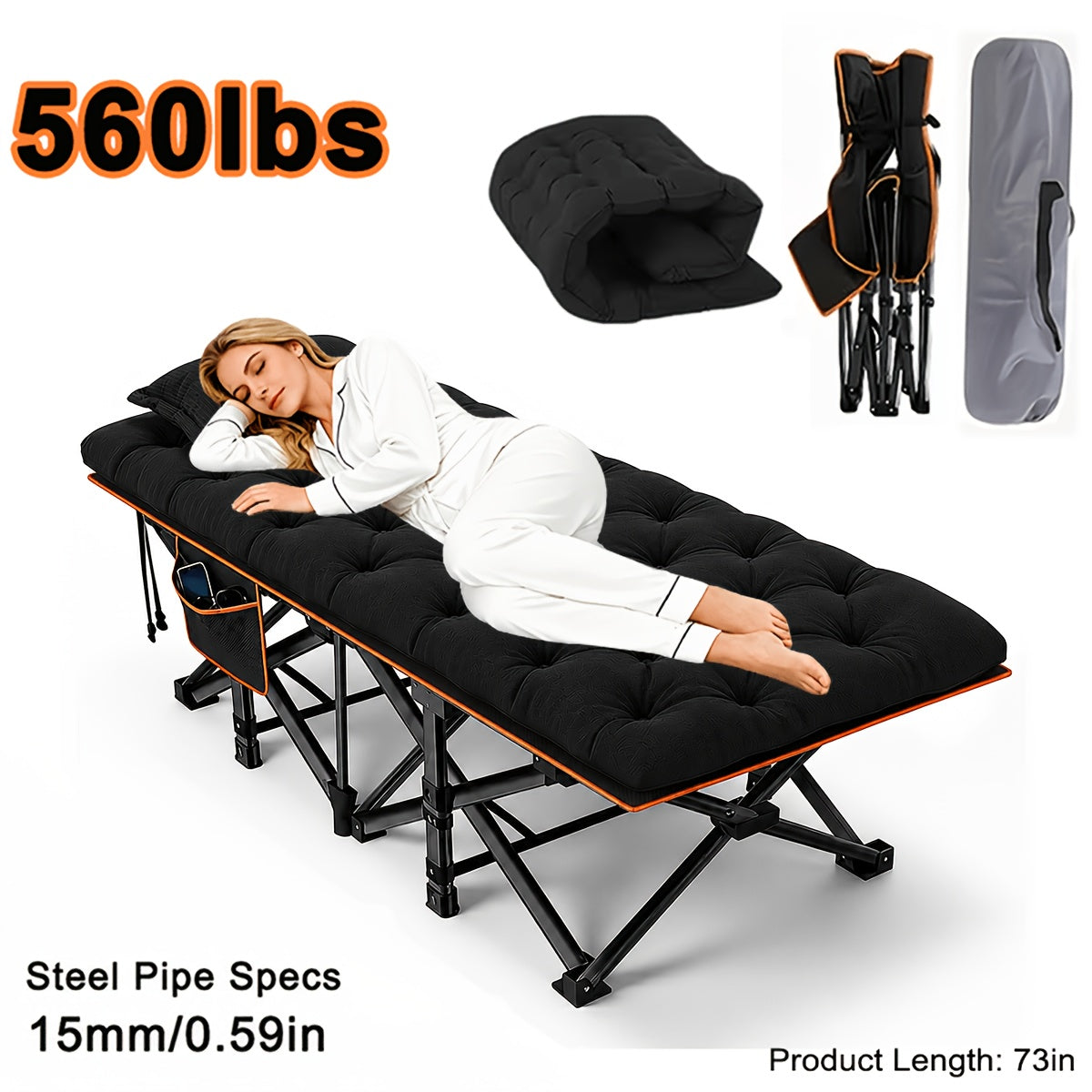 Folding Camping Cot with Mattress & Side Pockets - Heavy Duty Portable Adult Sleeping Bed, Foldable Guest Cot for Camping, Backyard, Patio, Office & RV, Compact Easy Fold