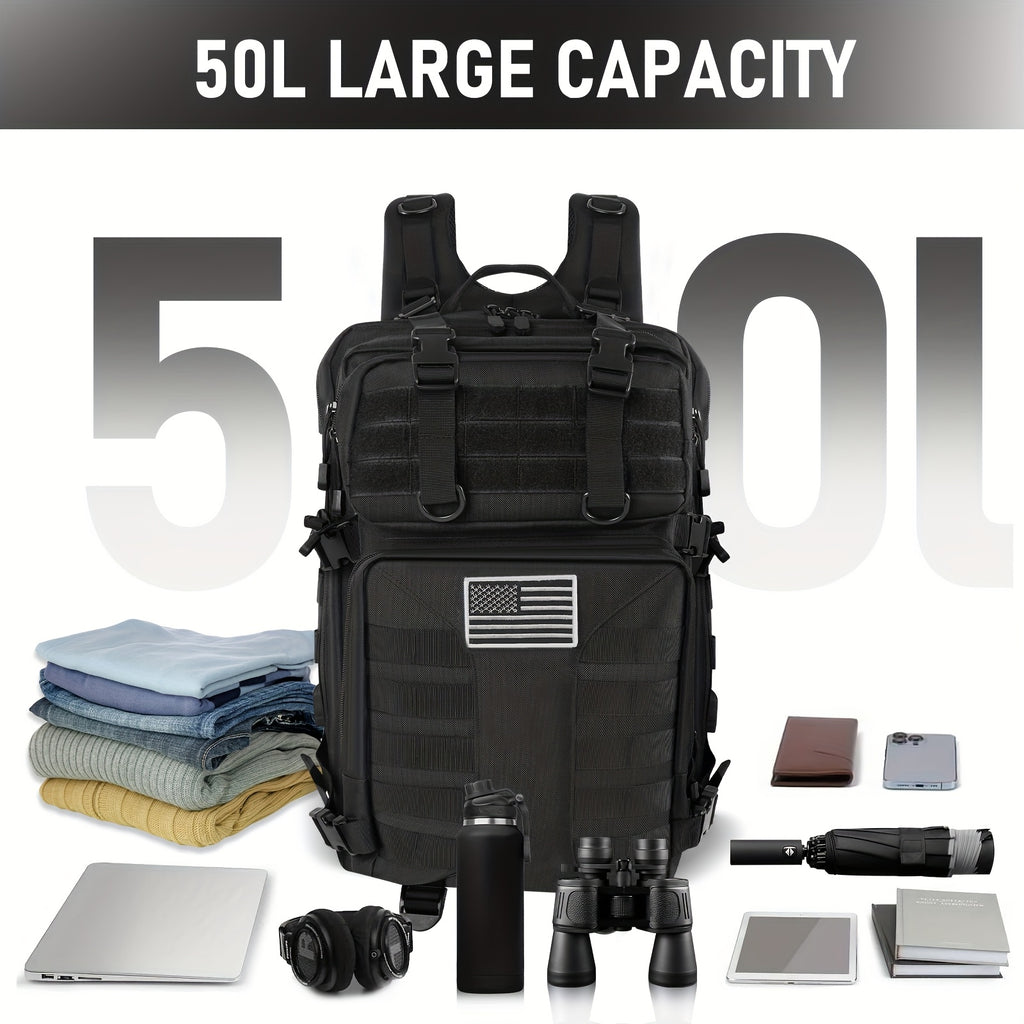 Tactical Backpack 50L (13.21 Gal) – High Capacity Unisex Military Bag for Camping, Hiking, Hunting, Fishing & Travel, Multiple Color Options with Optional Storage Bag