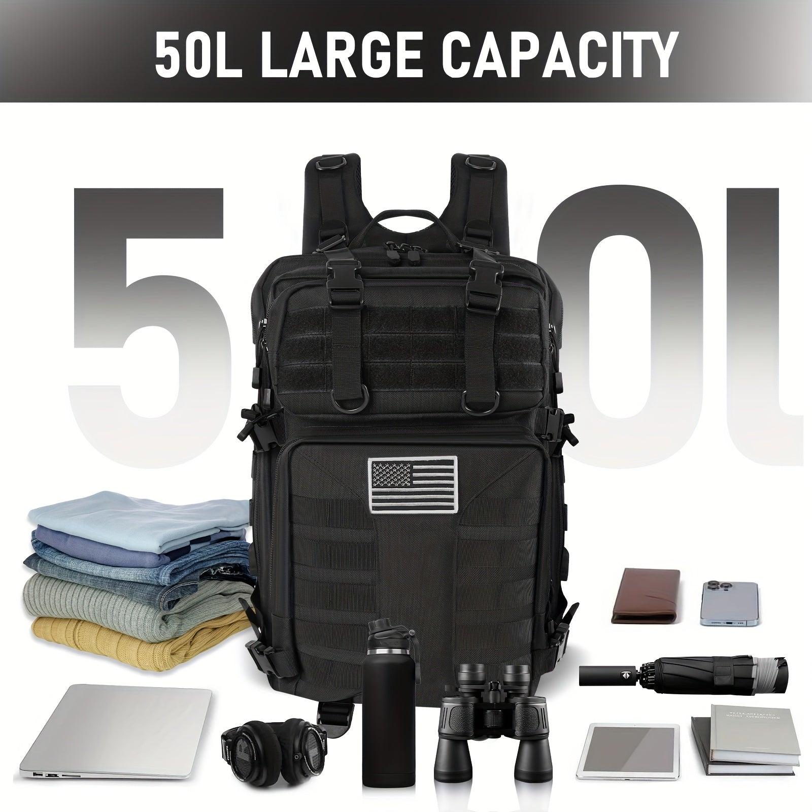 Tactical Backpack 50L (13.21 Gal) – High Capacity Unisex Military Bag for Camping, Hiking, Hunting, Fishing & Travel, Multiple Color Options with Optional Storage Bag