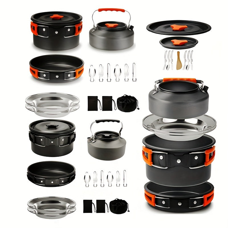Portable Camping Cookware Set for 2-3 People - Pot Frying Pan Kettle with Cutlery - Foldable Space-Saving Outdoor Cooking Kit for Camping Hiking Backpacking - Lightweight Camp Kitchen Set