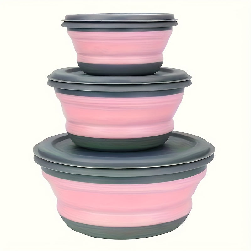 Foldable Camping Bowls with Lids 3-Pack – Collapsible Silicone Food Containers, Rust-Proof PP, Folding Utensils & Storage Bag Included | Stackable Camp Kitchen Bowls | Blue & Pink