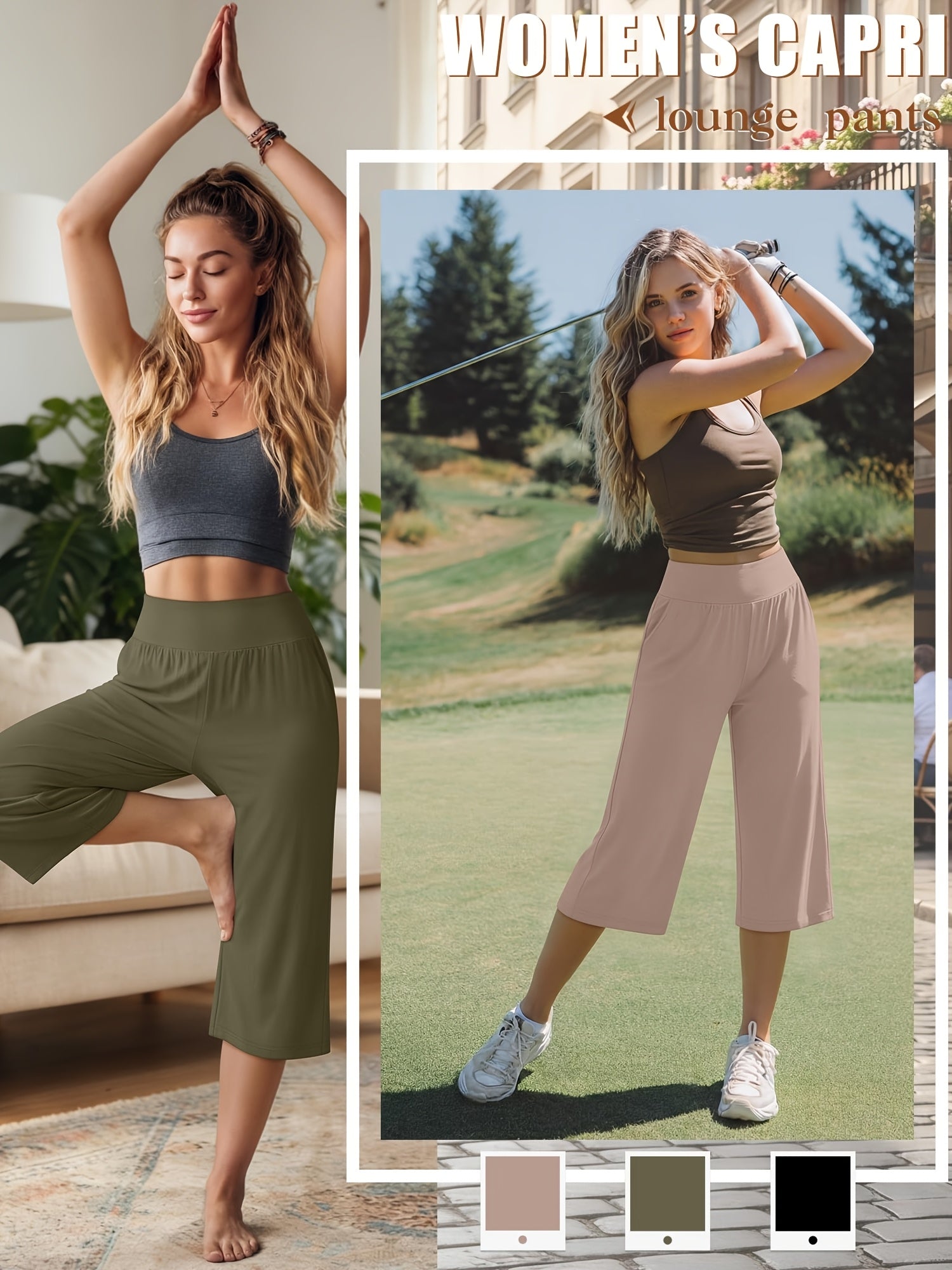 Women's Capri Pants 3 Pack Loose Lounge Joggers Yoga Cropped Sweatpants with Pockets – Elastic Waist Casual Spring Summer Fall