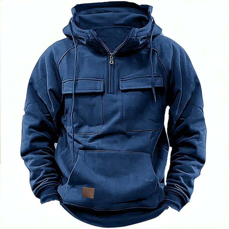 Men's Tactical Quarter Zip Hoodie Cargo Pullover Sweatshirt Outdoor Workout Gym Hooded Jacket Dark Brown