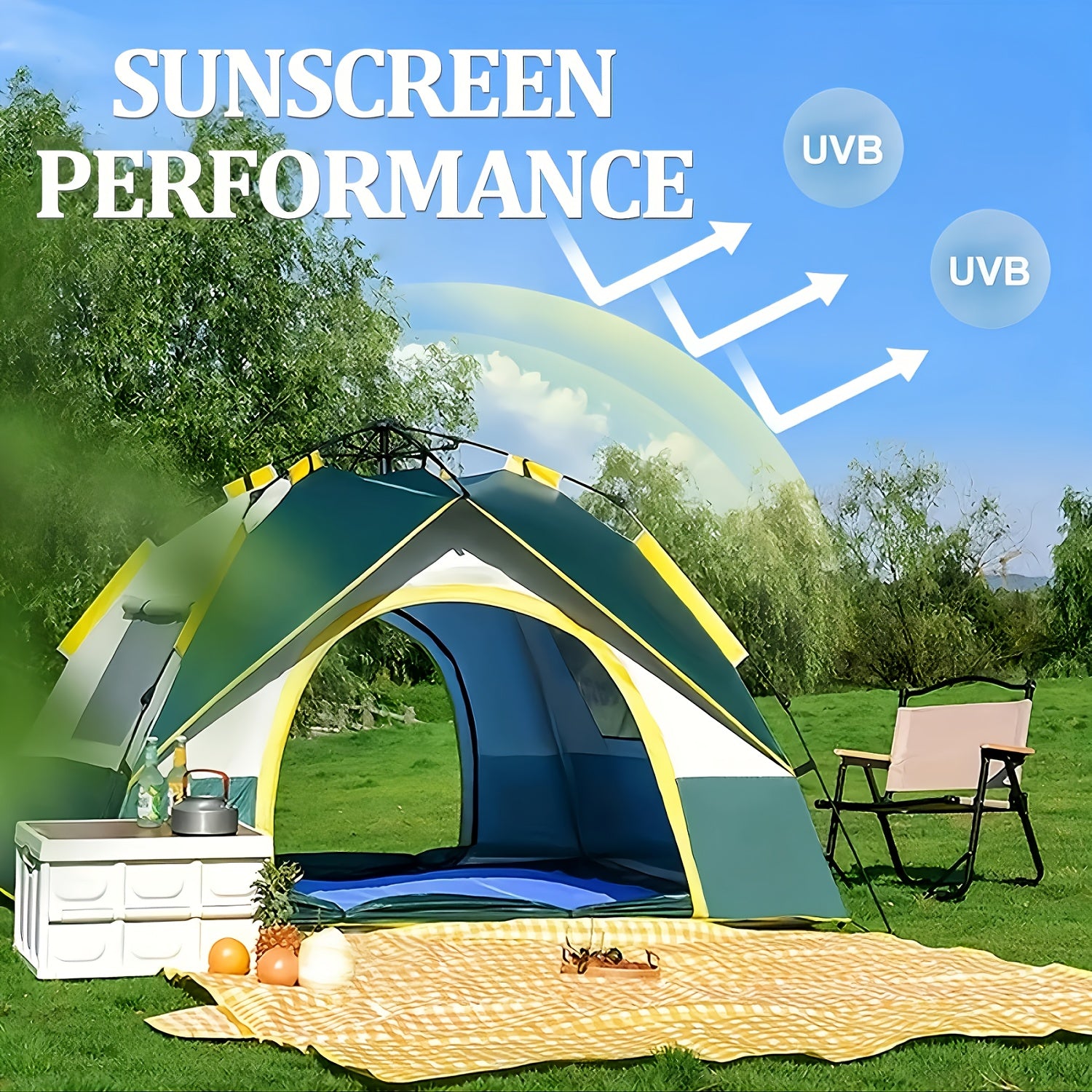 Pop Up Camping Tent 4 Person Automatic Instant Setup UV Protection Insect Net Sunshade Waterproof Family Tent for Beach Park Outdoor Camping Hiking Adventures