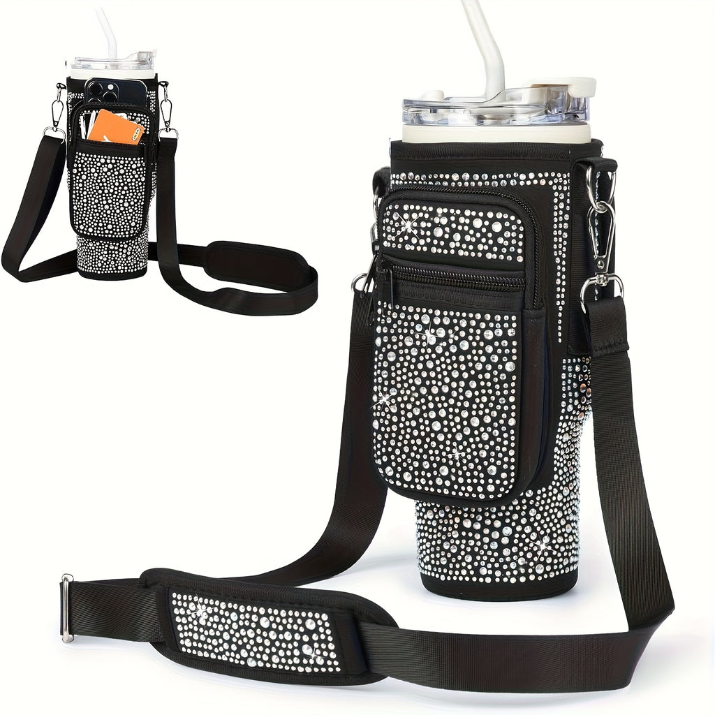 Neoprene Water Bottle Carrier Bag with Phone Pocket for 40oz 30oz Tumbler – Adjustable Strap Clip Hands-Free Bottle Holder for Hiking Camping Gym Travel Stanley Hydro Flask YETI Black Purple Pink Blue