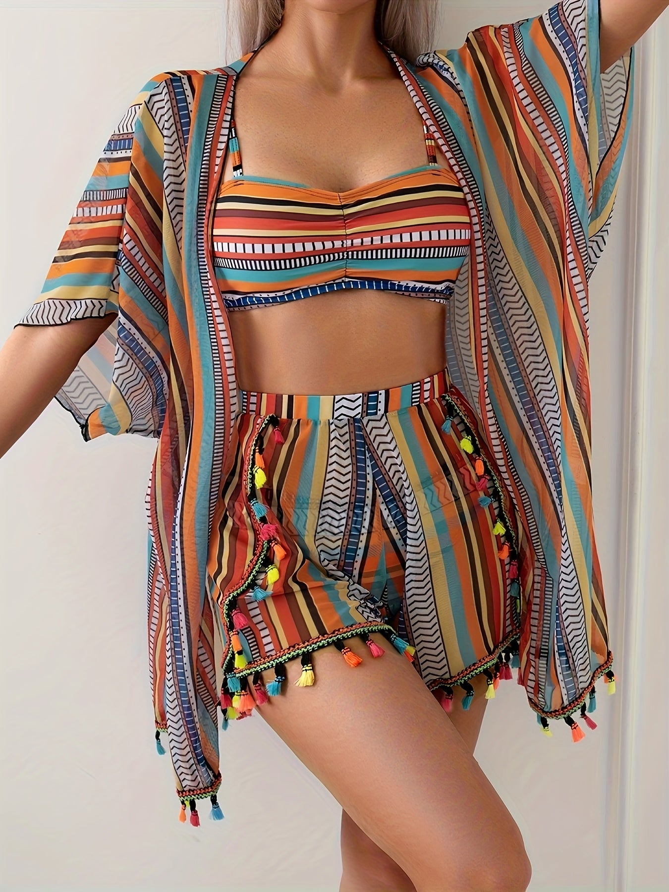 Women's Bikini Set 3 Piece with Long Sleeve Cover-Up – Stretchy Swimsuit, Non-Transparent Polyester Blend, Multicolor, Sizes S-XL