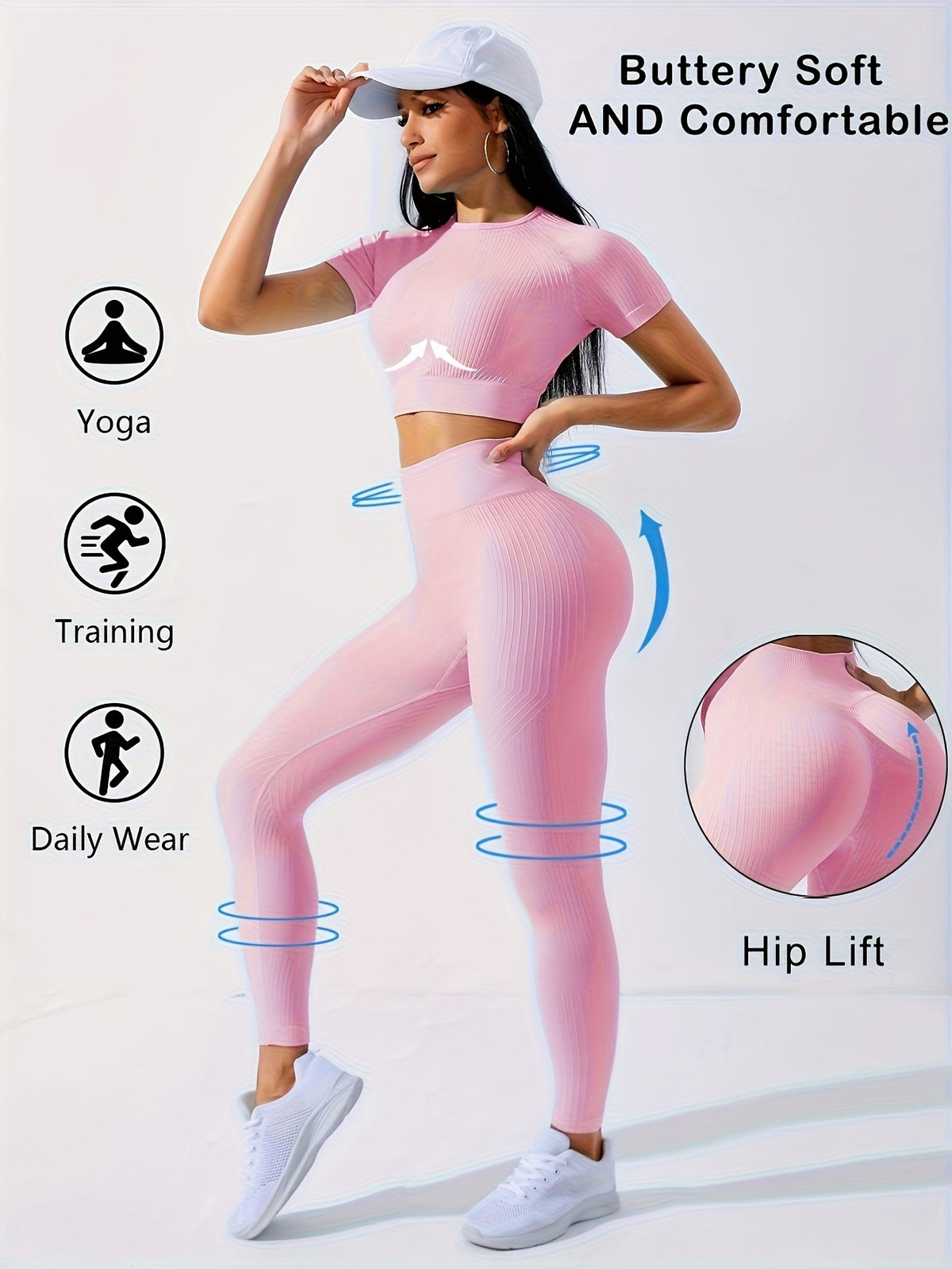 2PCS Women's Workout Set – Yoga Crop Top & Leggings, Crew Neck, Medium Stretch, Solid Color All-Season Activewear, XS-XL
