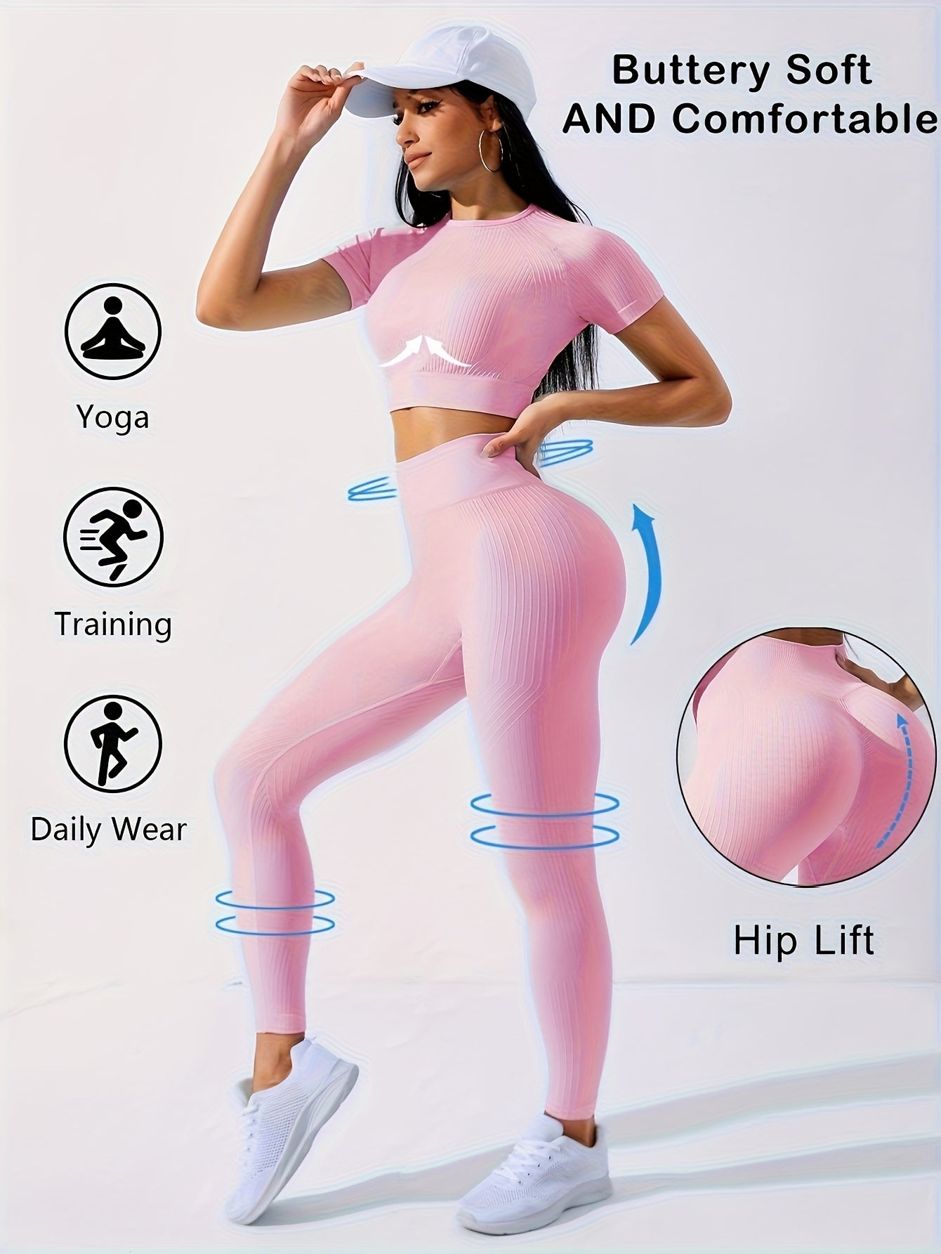 2PCS Women's Workout Set – Yoga Crop Top & Leggings, Crew Neck, Medium Stretch, Solid Color All-Season Activewear, XS-XL