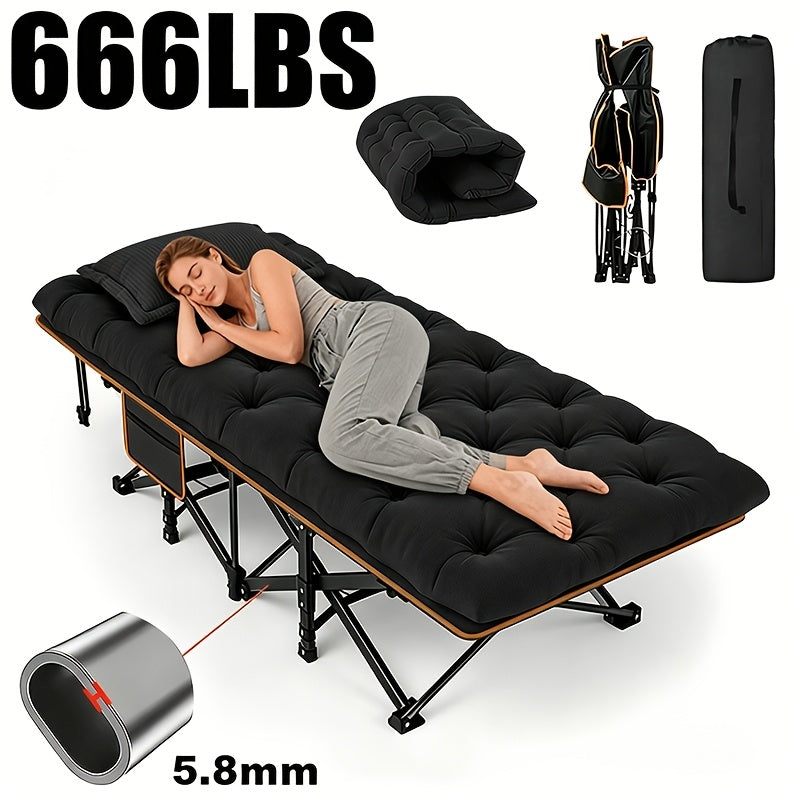 Portable Folding Camping Bed with Side Pockets - 60/75 Inch Heavy-Duty Cot 666/866 lb Capacity - Easy-Store Guest Bed for Camping Patio Office Guest Room - Folding Cot with Optional Mattress
